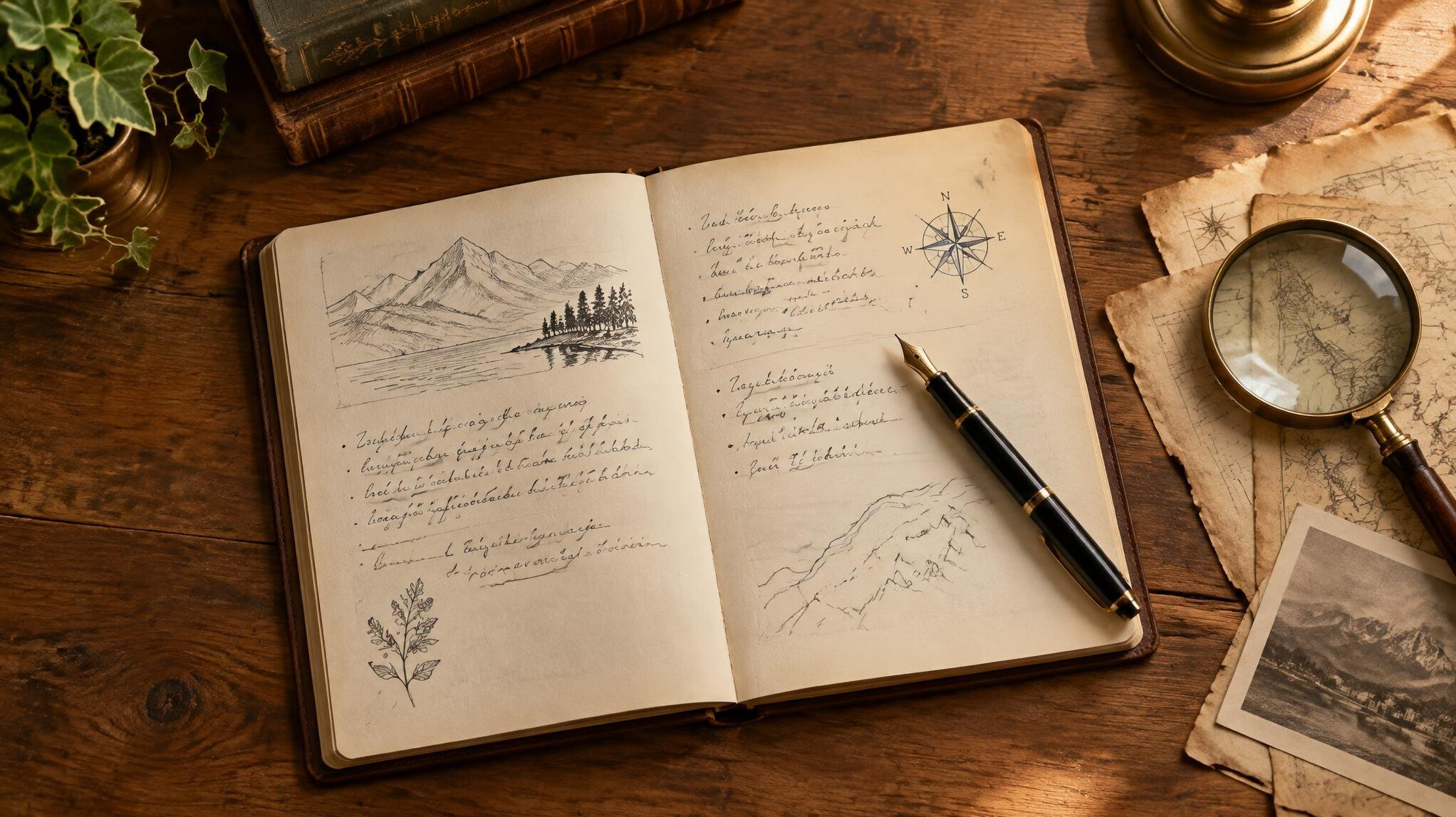 Open notebook with handwritten notes and a pen on a wooden desk